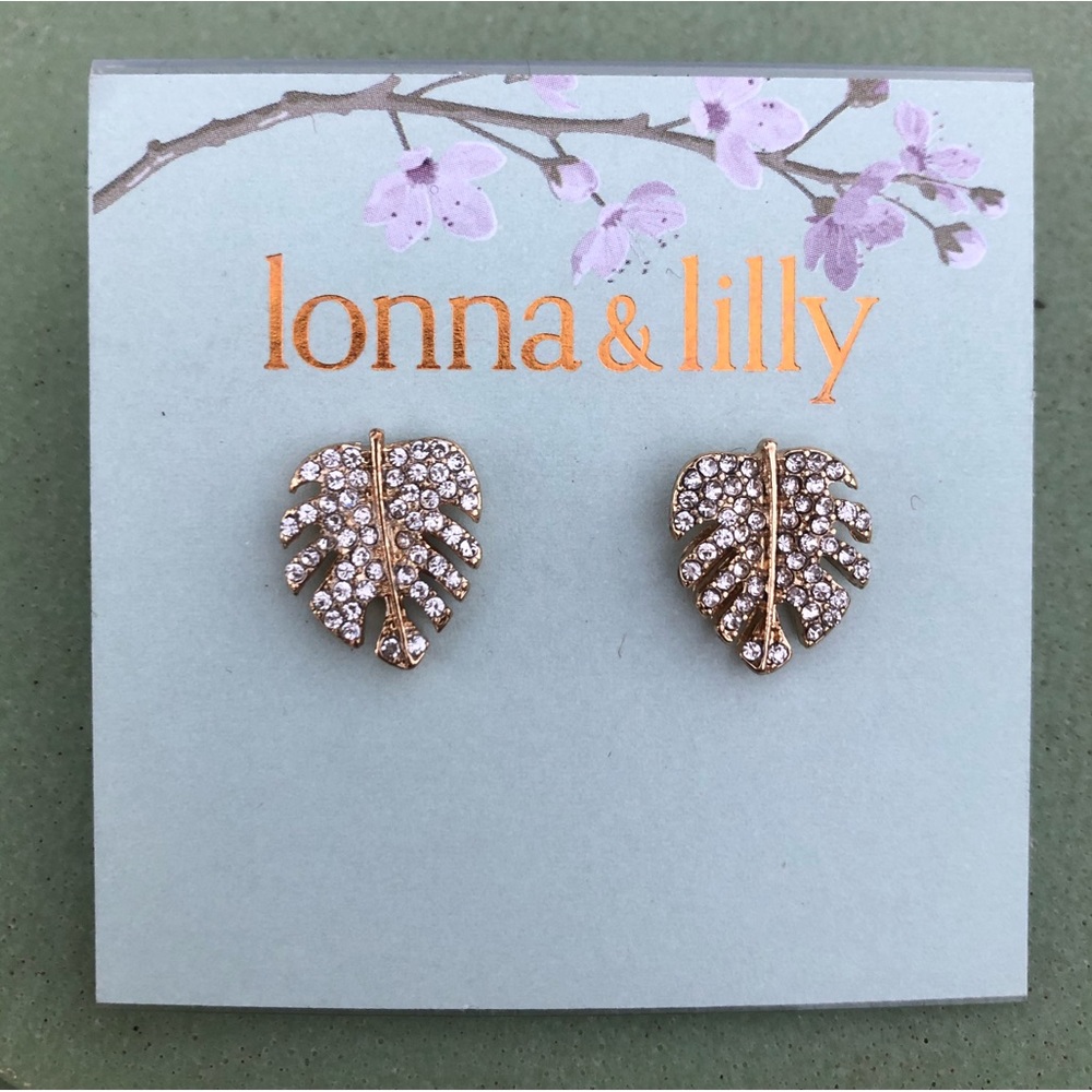 NWT | Lonna & Lilly | Gold and Crystal Monstera Leaf Stud Earrings